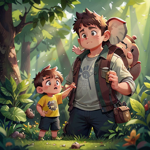 a man and a boy in the jungle with an elephant backpack on their back, and a bear on his shoulder