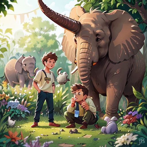 a boy and a boy are standing in front of an elephant and another boy is kneeling down to look at the elephant