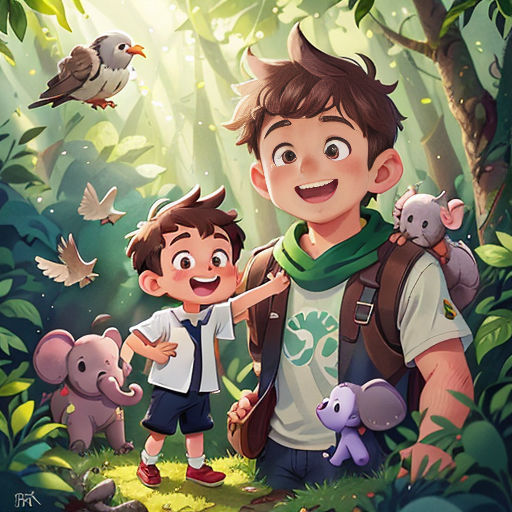 a boy and a boy are standing in the jungle with animals and birds around him, and a bird is flying above them
