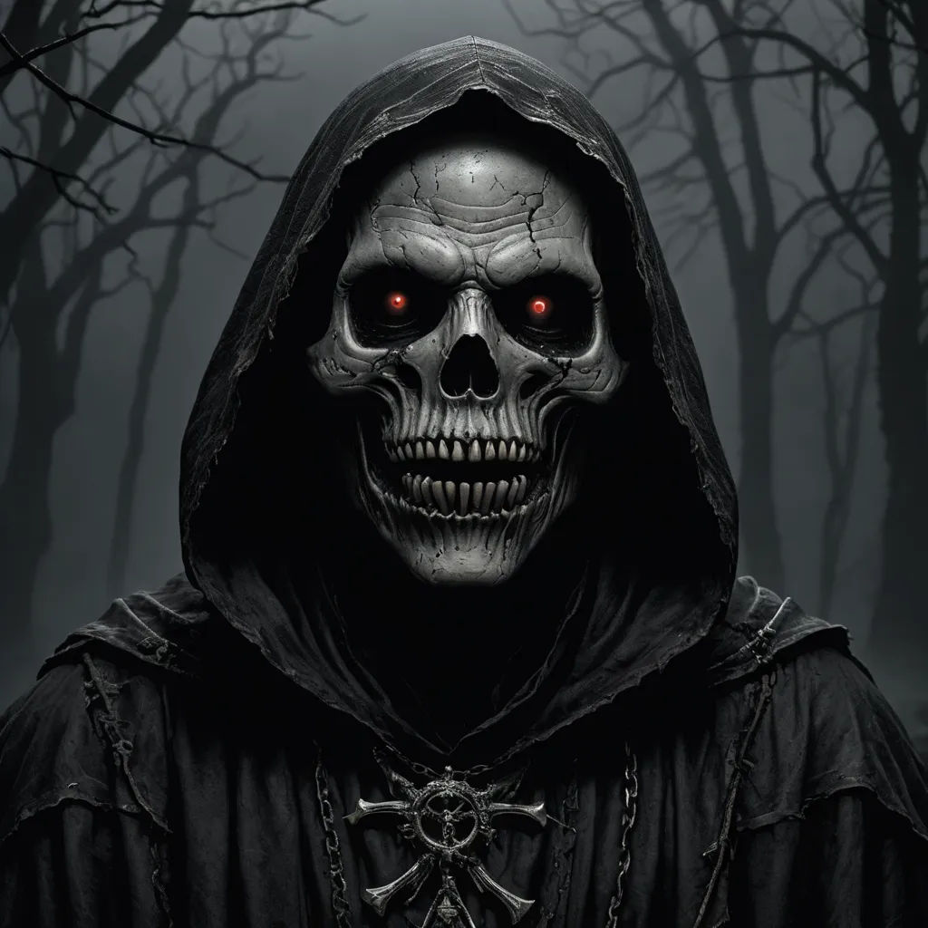 a skeleton with red eyes and a hood on in a dark forest with trees and branches, with a creepy looking face, gothic art, a character portrait, Anne Stokes, death