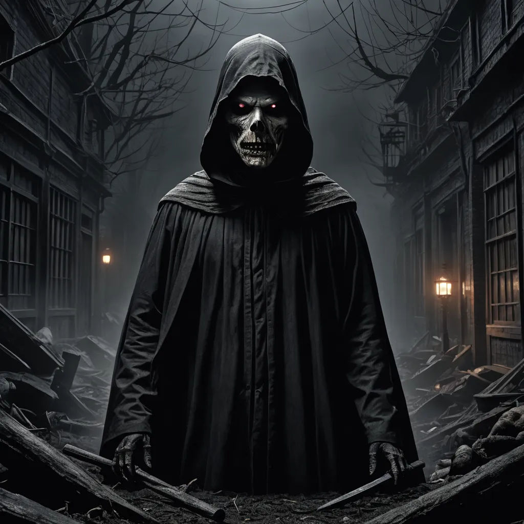 a man in a hooded robe standing in a dark alley with a full moon in the background and a creepy looking face, gothic art, a detailed matte painting, Dirk Crabeth, dark art