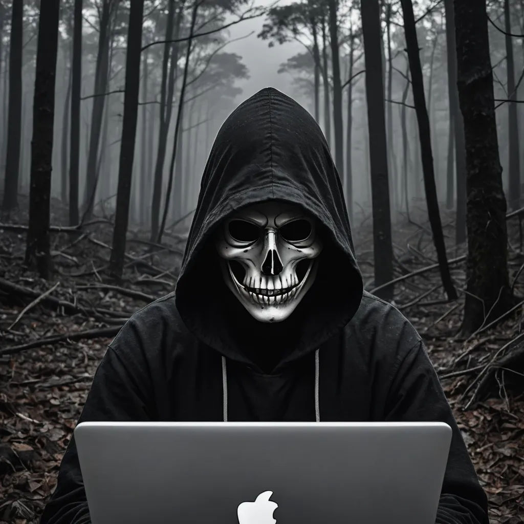 a man in a hooded sweatshirt using a laptop computer in a forest with a skull face on it's face, computer art, computer graphics, Andries Stock, 4 k hd wallpaper