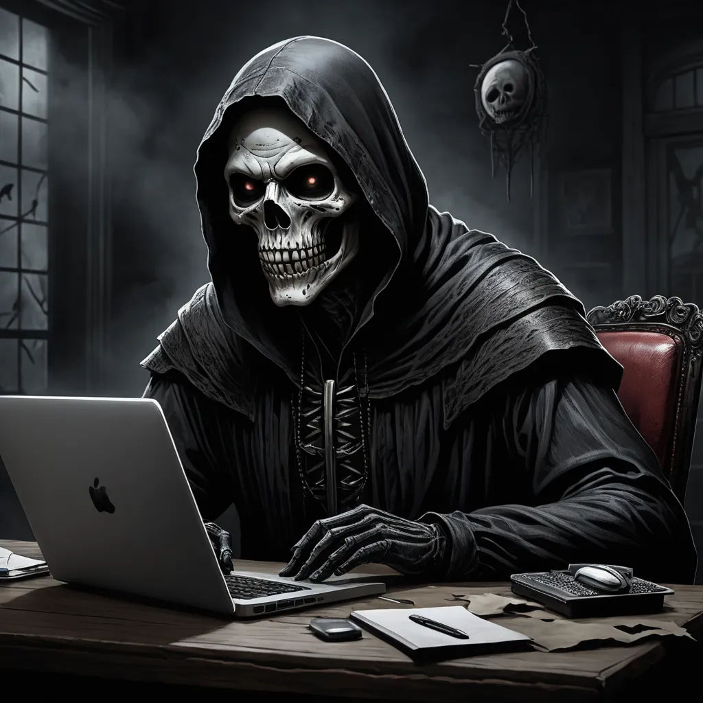 a skeleton in a hooded jacket using a laptop computer at a desk with a skull head on it's face, computer art, computer graphics, Anne Stokes, death