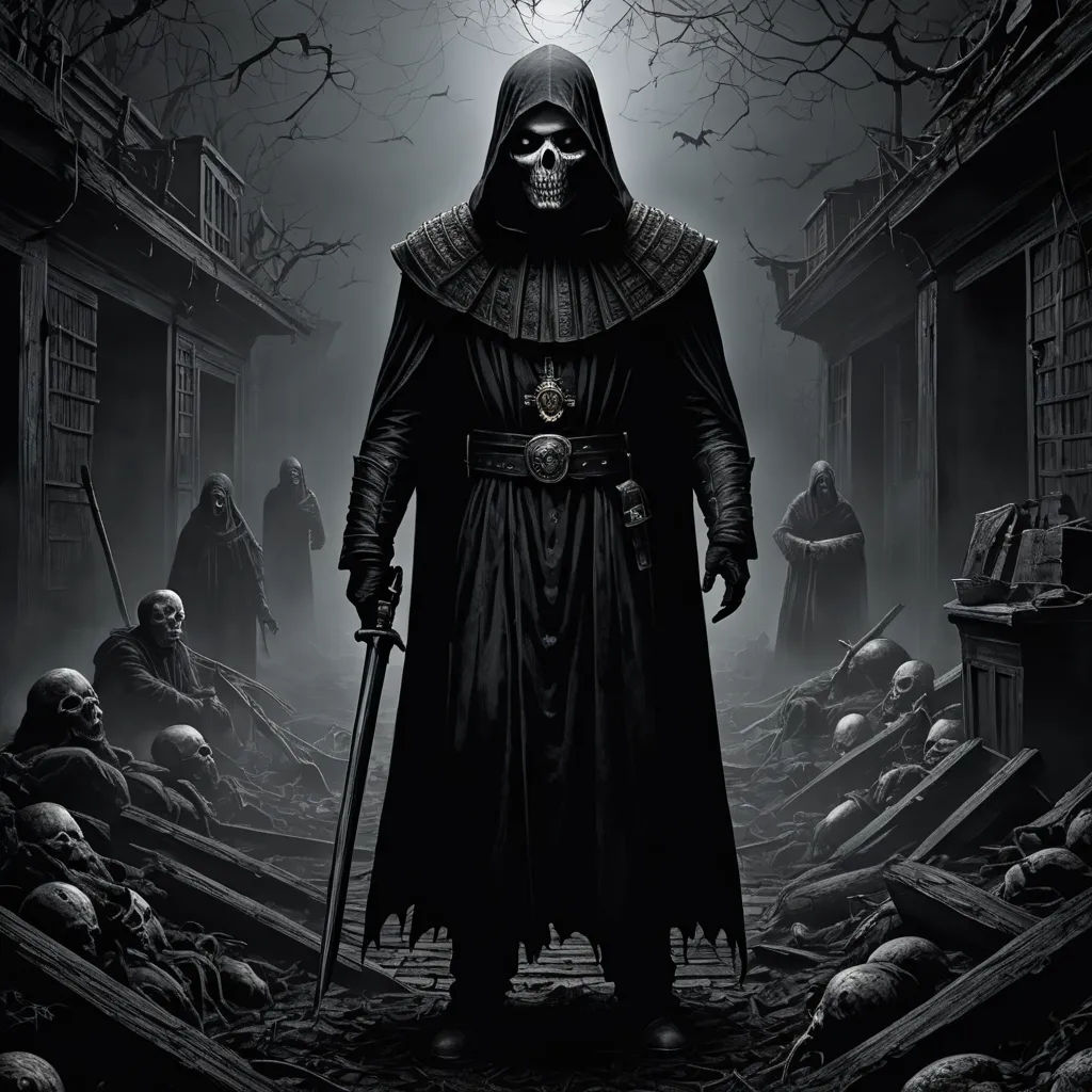 a man in a hooded suit standing in a dark alley with skulls on the ground and a light above his head, gothic art, a character portrait, Bastien L. Deharme, dark art