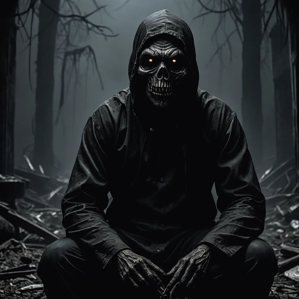 a man in a black hooded jacket sitting in a forest with a creepy face on his face and hands, gothic art, a character portrait, Dirk Crabeth, dark art