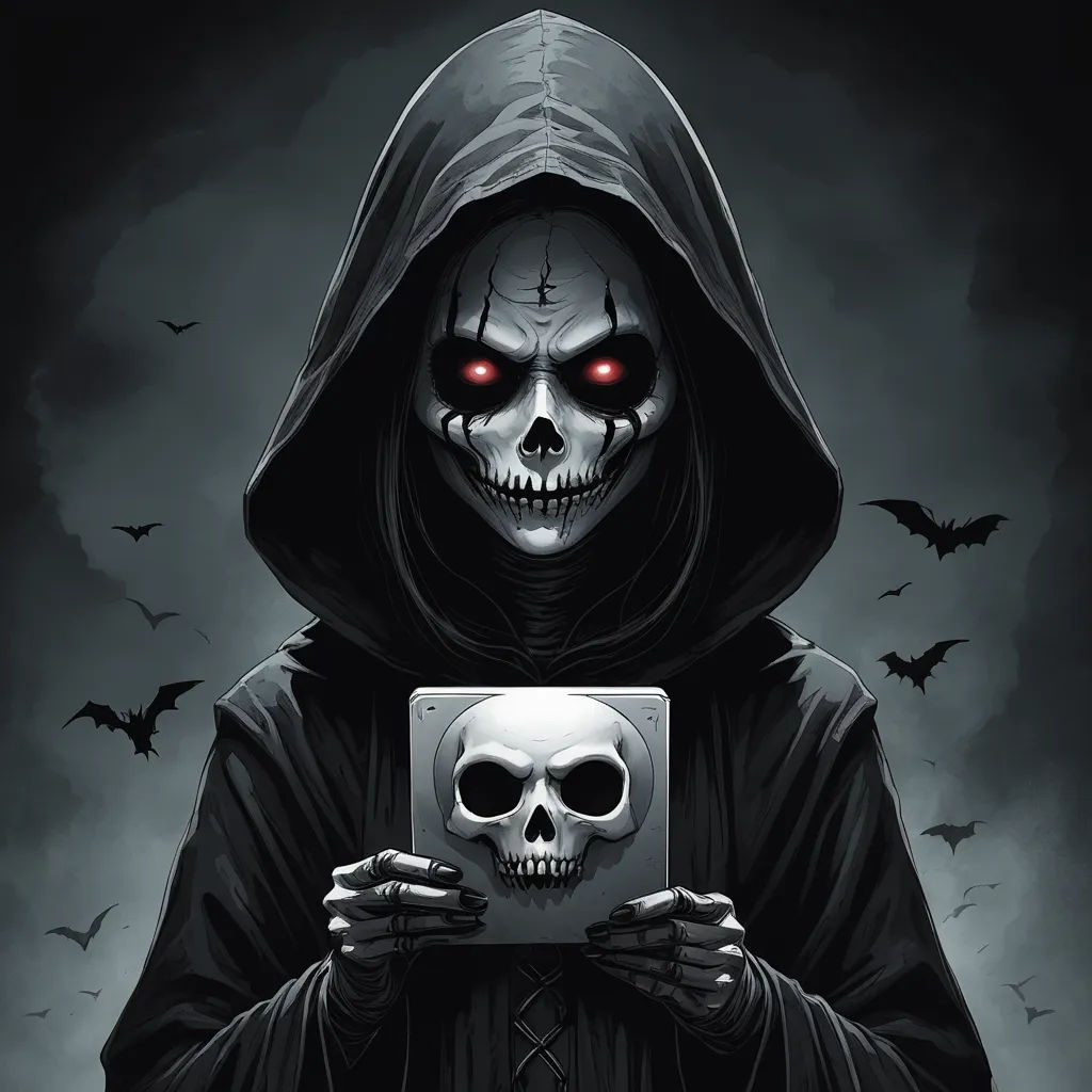 a skeleton dressed in a hooded suit holding a tablet computer in front of a dark background with bats and bats, gothic art, a character portrait, Anne Stokes, death