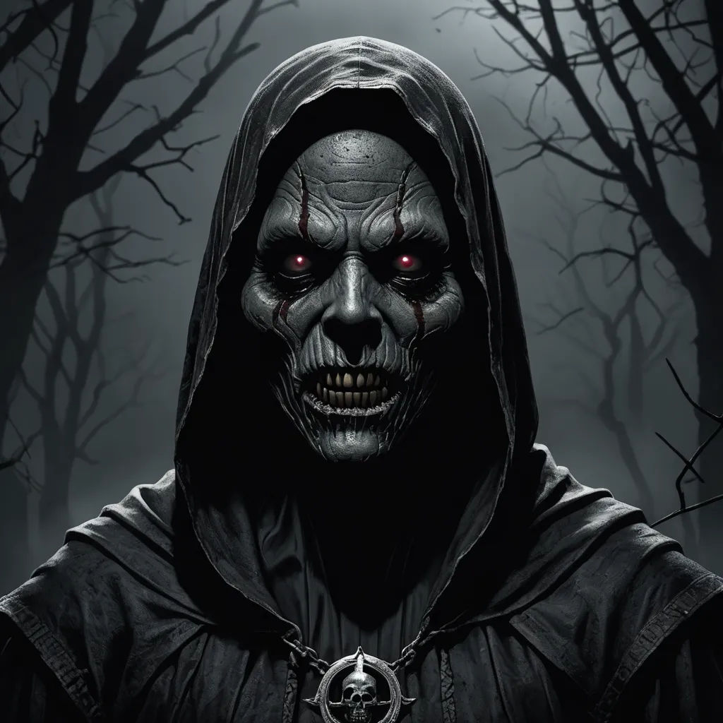 a creepy looking man in a hooded hoodie with red eyes and a ring around his neck in a dark forest, gothic art, a character portrait, Anne Stokes, dark art