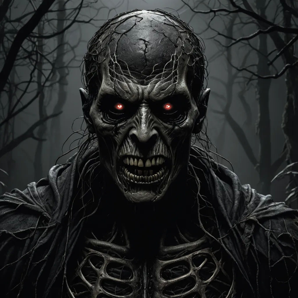 a creepy looking skeleton with red eyes in a dark forest with trees and branches in the background, with a creepy looking head, gothic art, a digital rendering, Eddie Mendoza, dark art