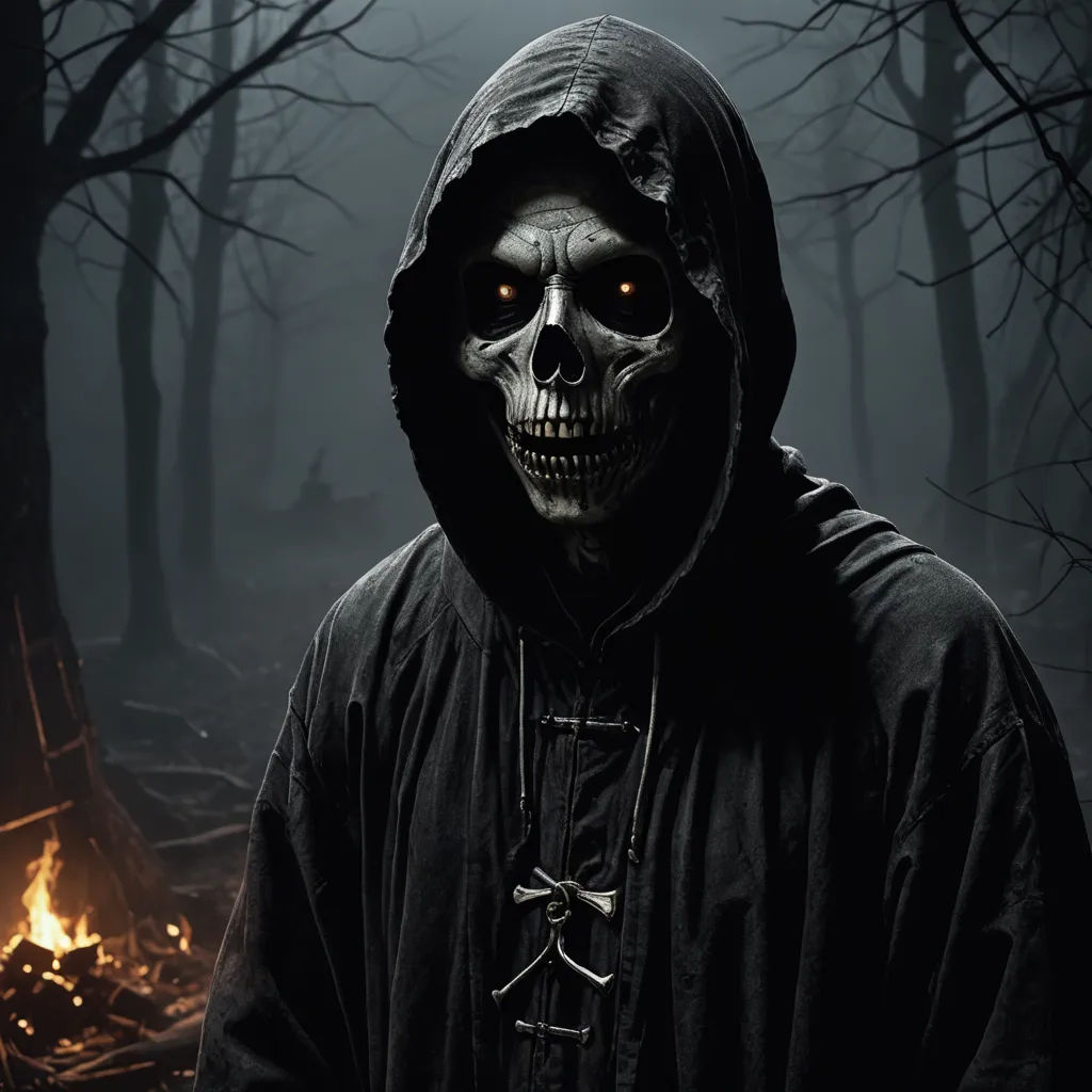 a man in a hooded jacket with a skull face and glowing eyes in a dark forest with a fire, gothic art, a character portrait, Dirk Crabeth, dark art