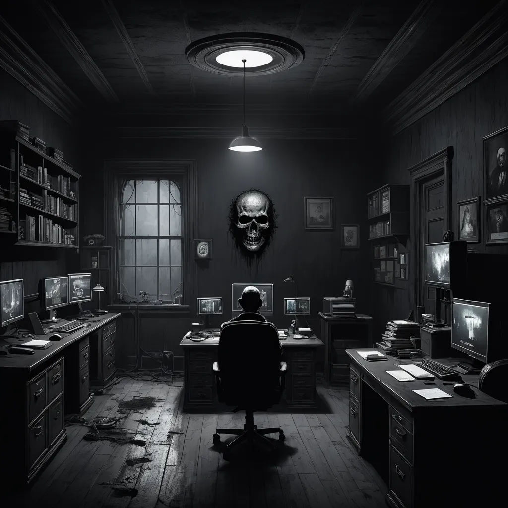 a dark room with a person sitting at a desk in front of a computer monitor and a skull head on the wall, computer art, an ambient occlusion render, Dan Hillier, unreal engine render