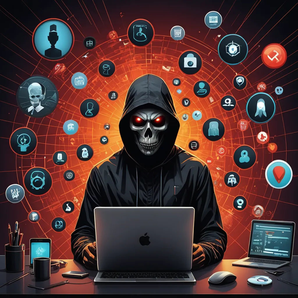 a man in a hooded jacket sitting at a desk with a laptop and various social icons around him and a skull on the screen, les automatistes, computer graphics, Andries Stock, cybernetics