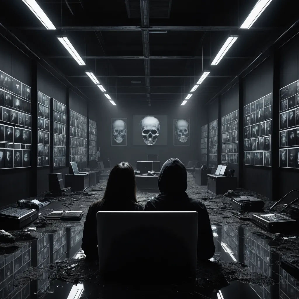 two people sitting in a dark room with a laptop in front of them and a skull head on the wall, serial art, cyberpunk art, Christian W. Staudinger, dystopian art