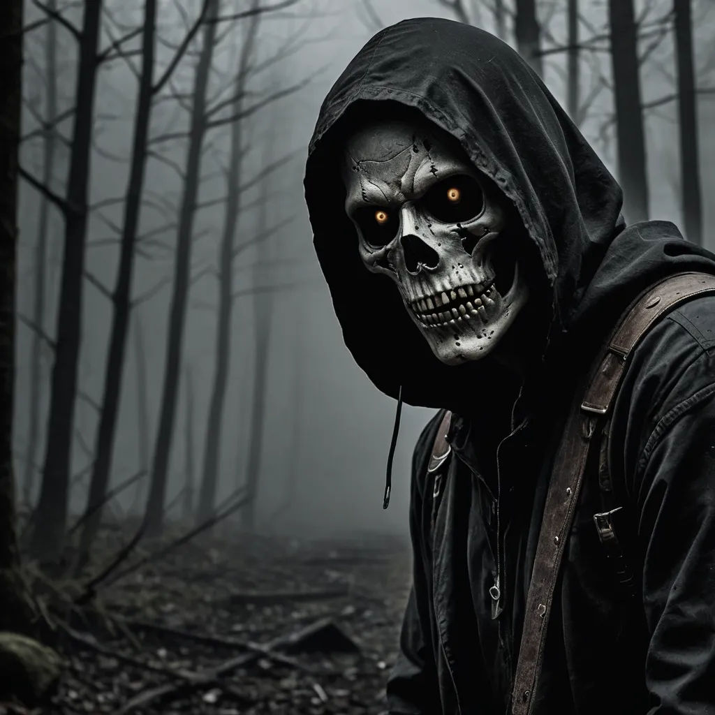 a man in a hooded jacket with a skull face and a hood on in a forest with trees and leaves, gothic art, a character portrait, Dirk Crabeth, dark art