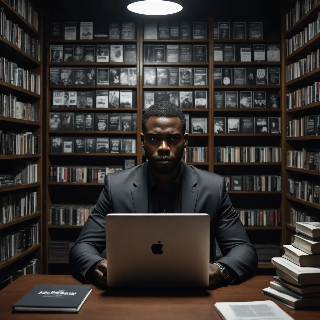 a man sitting at a table in front of a laptop computer in a library with books on the shelves, black arts movement, a stock photo, Altichiero, cinematic photography