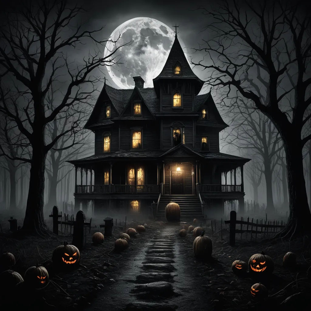 a creepy house with pumpkins in front of it and a full moon in the background with a full moon, gothic art, poster art, Dirk Crabeth, horror theme
