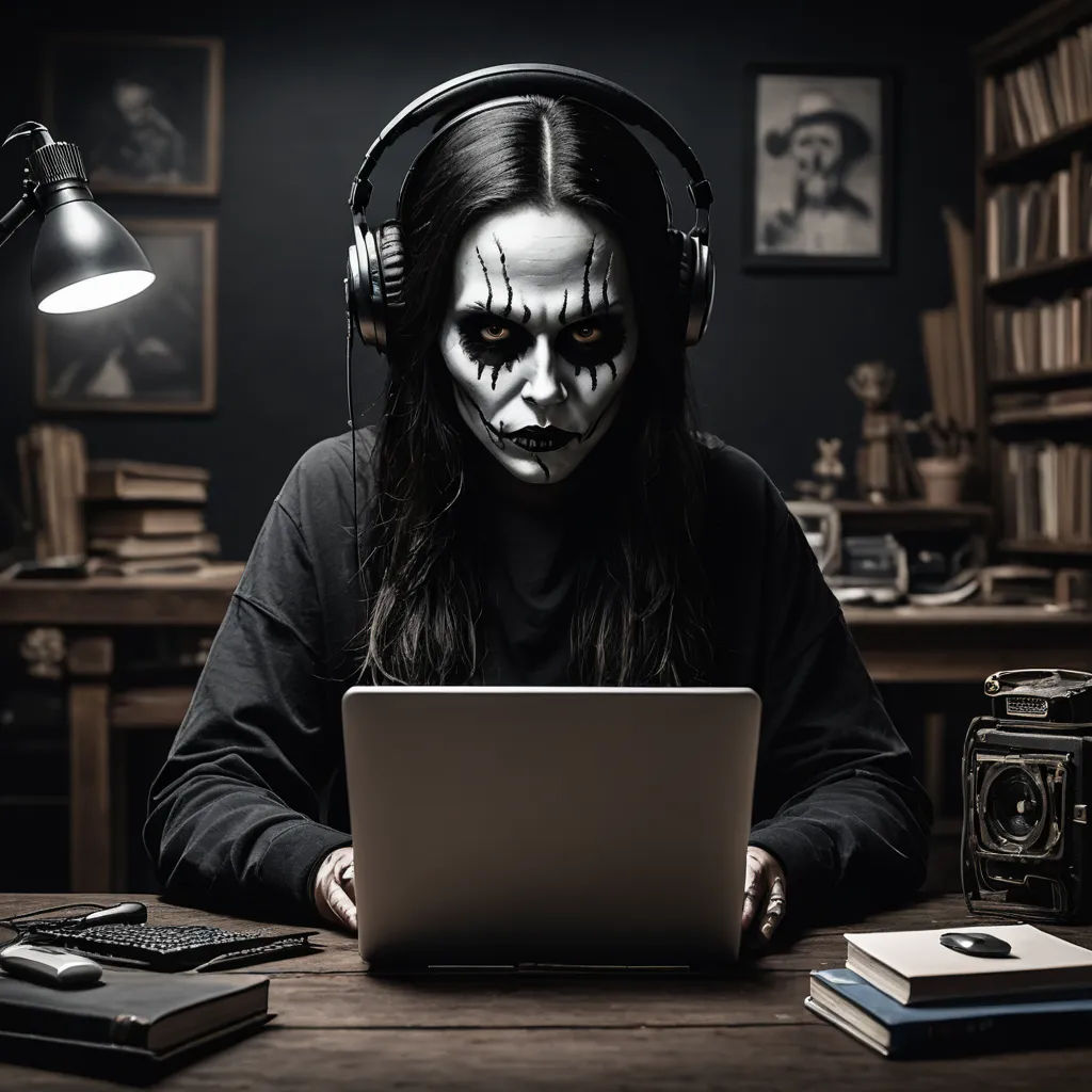a person wearing a creepy mask and headphones on a laptop computer in a dark room with a lamp on, computer art, a stock photo, Dirk Crabeth, dark art