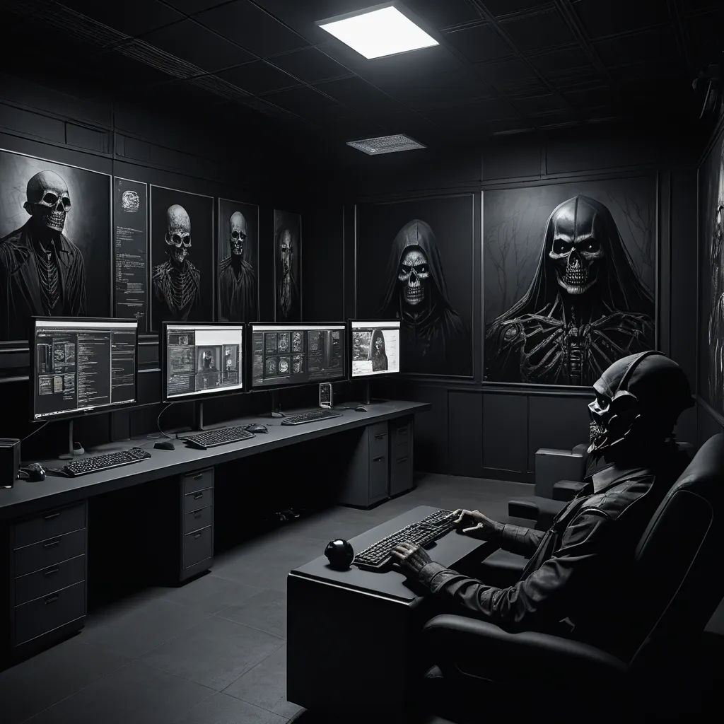 a man sitting in a chair in front of a computer desk with monitors and skulls on the wall behind him, computer art, cyberpunk art, Dan Mumford, dystopian art