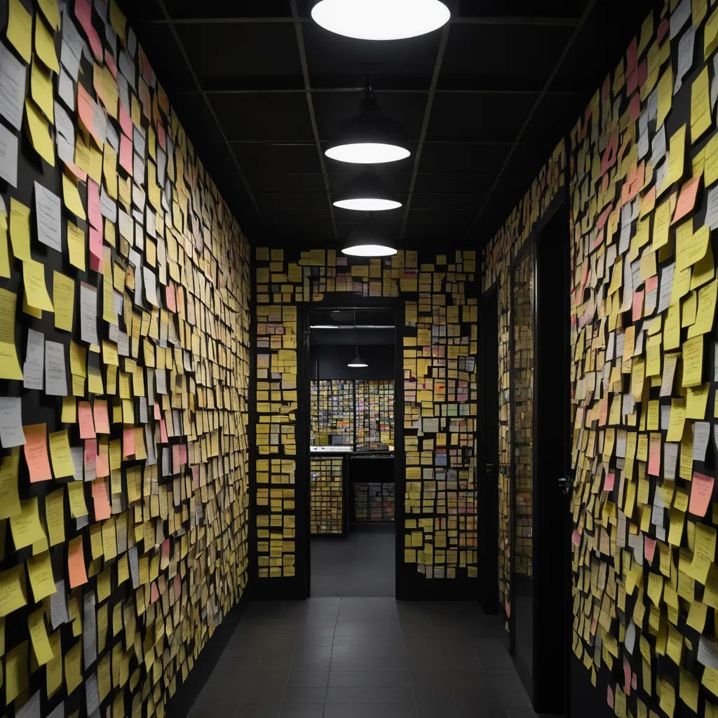 a hallway with a lot of post it notes on the wall and a light hanging from the ceiling above, temporary art, a photo, Carol Bove, behance hd