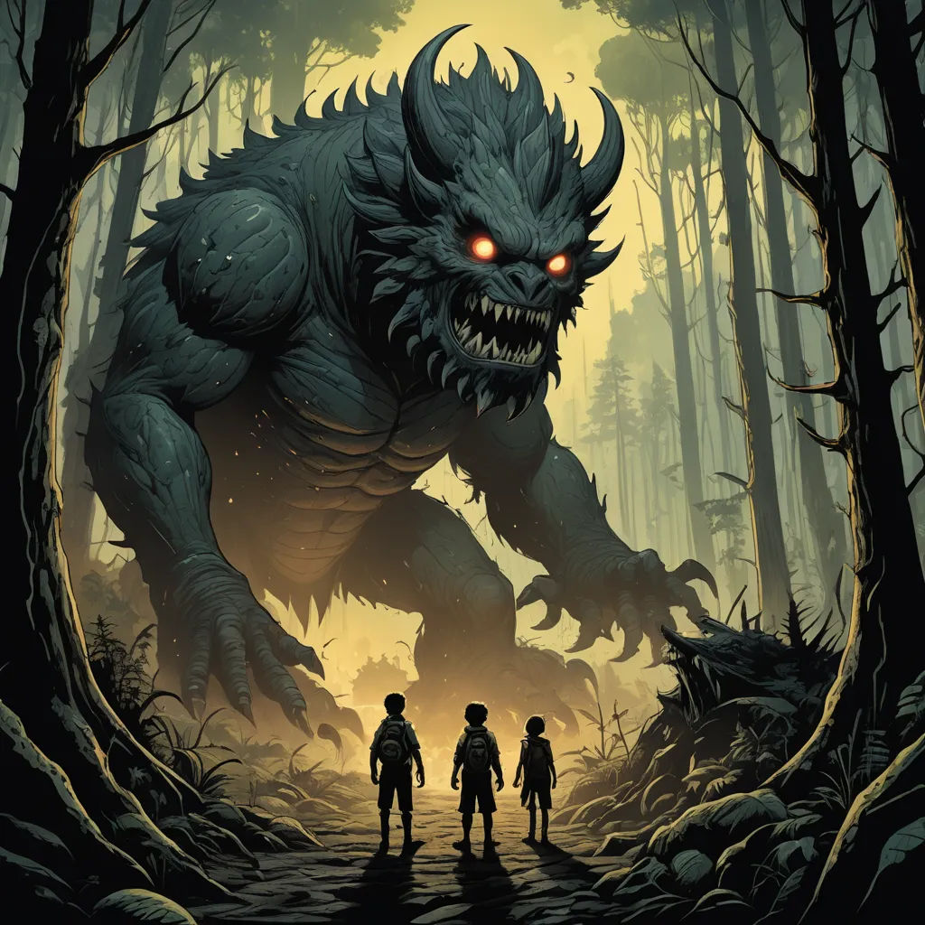 a group of people standing in a forest next to a giant monster with glowing eyes and a demon like face, sots art, a storybook illustration, Dan Mumford, josan gonzales and dan mumford