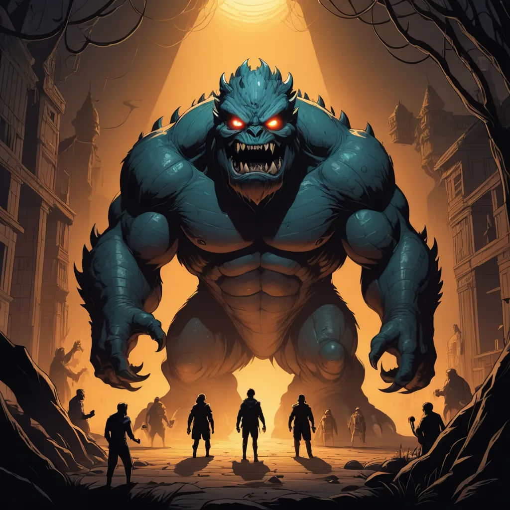 a group of people standing in front of a giant monster with glowing eyes and a demon like face on it, sots art, poster art, Dan Mumford, josan gonzales and dan mumford