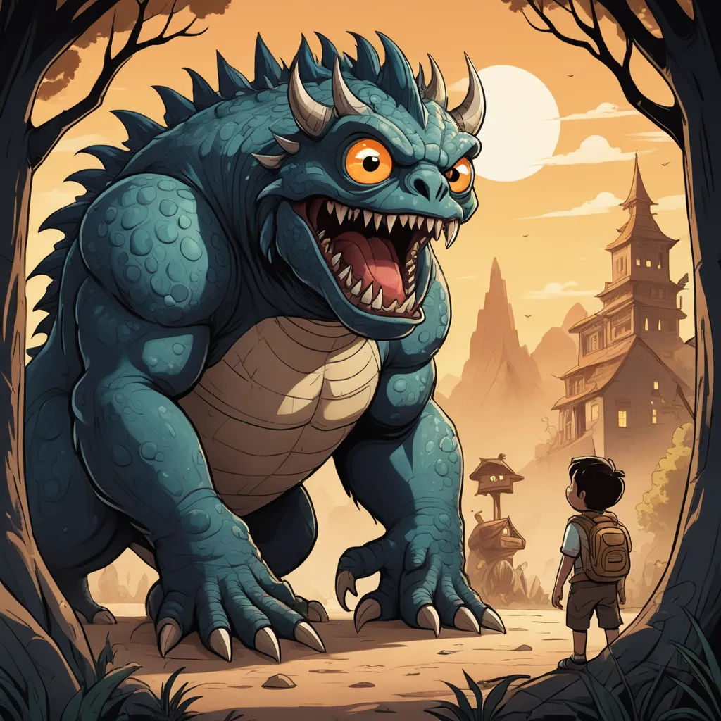 a boy and a monster in a forest with a castle in the background and a full moon in the sky, sots art, a storybook illustration, Diego Gisbert Llorens, 2 d game art