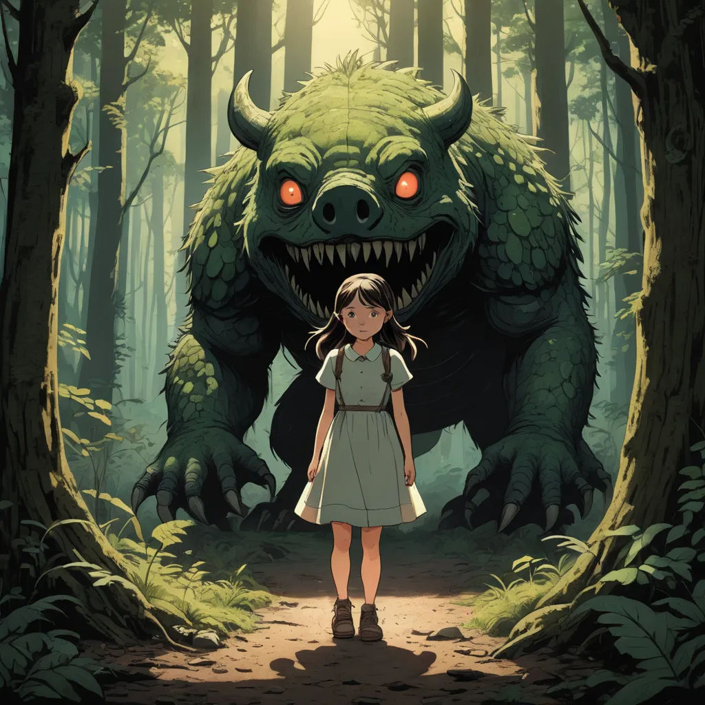 a girl standing in front of a giant monster in a forest with red eyes and a red - eyed girl, fantasy art, a storybook illustration, Diego Gisbert Llorens, ghibli