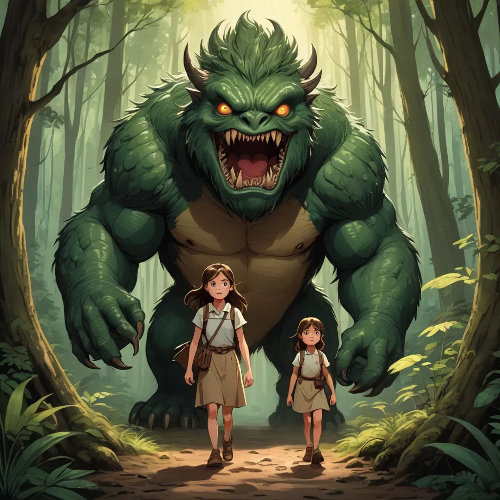 a girl and a boy are walking in front of a giant monster in the woods with a giant grin, furry art, a storybook illustration, Diego Gisbert Llorens, rossdraws global illumination