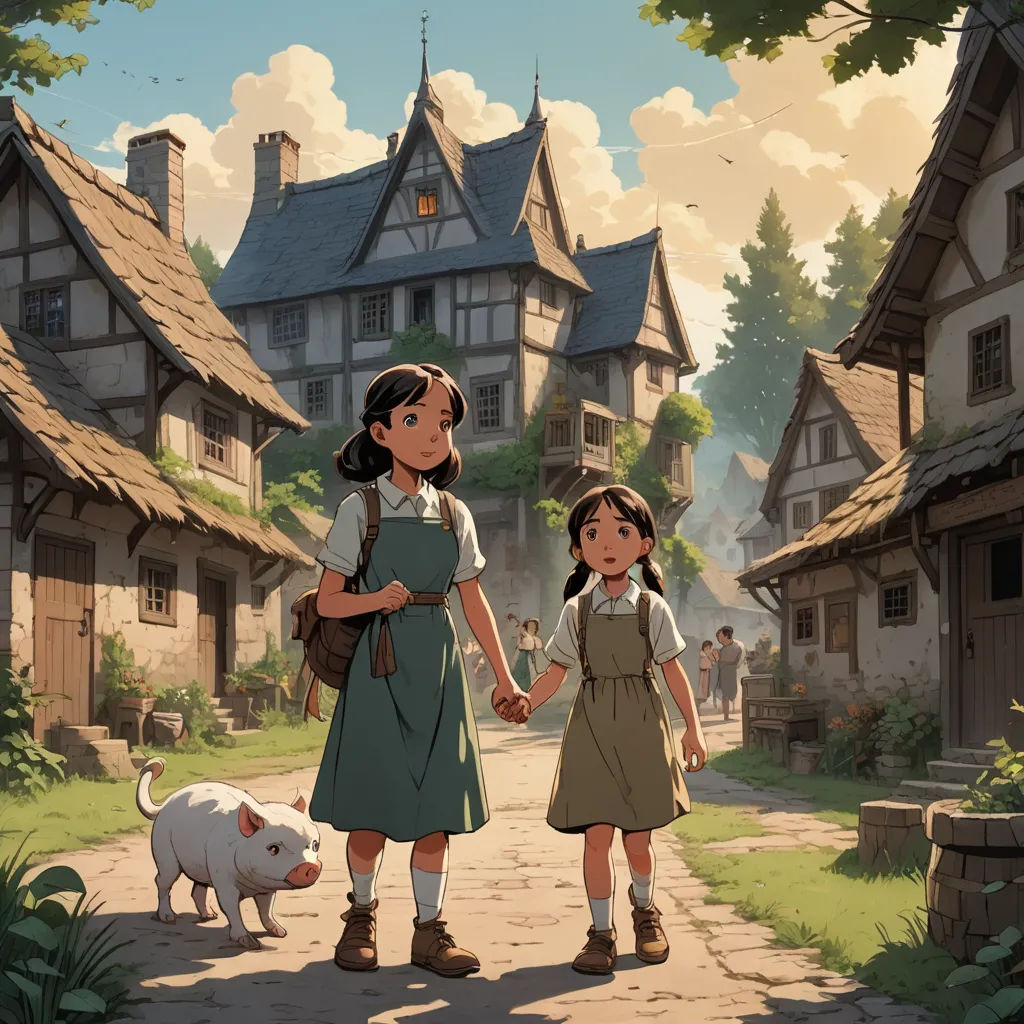 a couple of kids walking down a street next to a pig and a dog on a leash in front of a house, paris school, a detailed matte painting, Atey Ghailan, cushart krenz