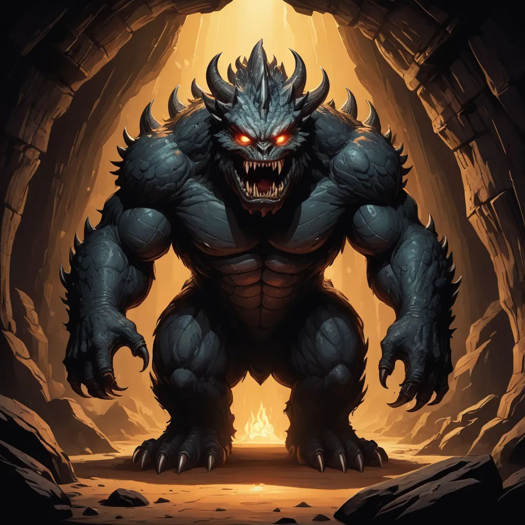 a monster with a huge mouth and huge teeth in a cave with a glowing light behind it and a glowing light behind it, furry art, a digital rendering, Brom, magic the gathering artwork