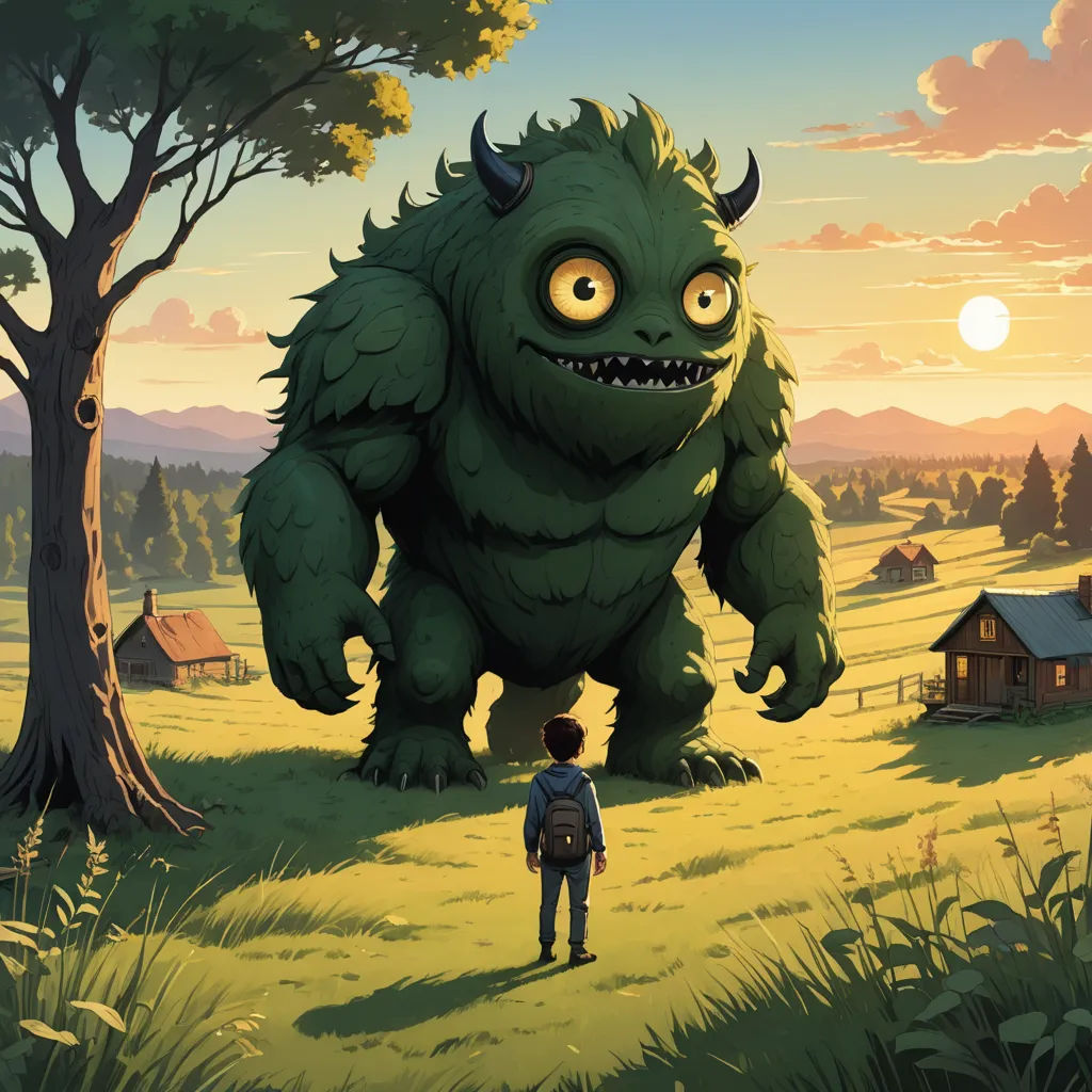 a man standing in front of a giant monster in a field with a house in the background and a tree in the foreground, american scene painting, a storybook illustration, Chris LaBrooy, storybook illustration