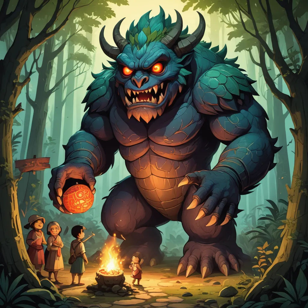 a cartoon of a monster with a lantern in his hand and a group of people standing around it in the woods, sots art, a storybook illustration, Andreas Rocha, 2 d game art