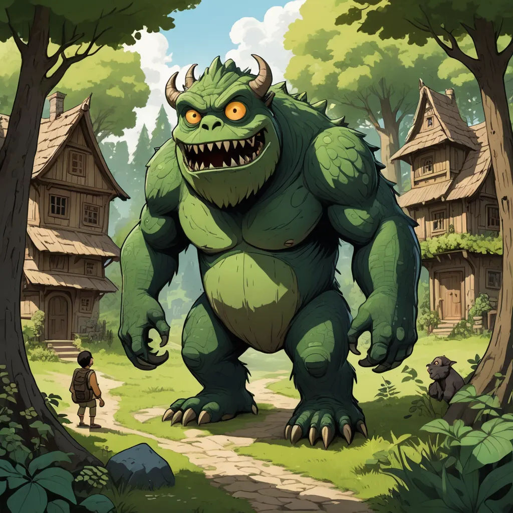 a cartoon of a monster with a big grin on its face and a man walking in the background with a house in the background, fantasy art, a storybook illustration, Andreas Rocha, 2 d game art