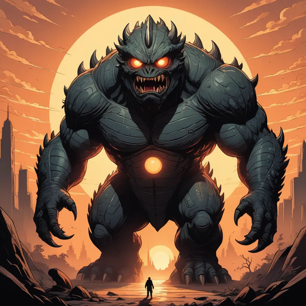 a giant monster with glowing eyes and a glowing eyeball in the middle of a sunset scene with a man standing in front of it, sots art, poster art, Dan Mumford, josan gonzales and dan mumford