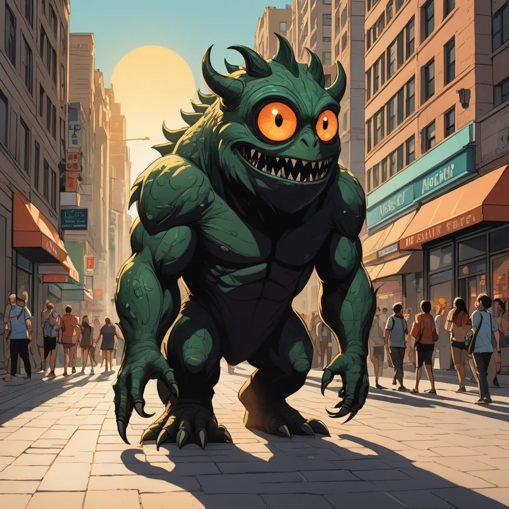 a cartoon of a monster with big eyes and big teeth on a city street with people walking around it, altermodern, concept art, Chris LaBrooy, magic the gathering artwork