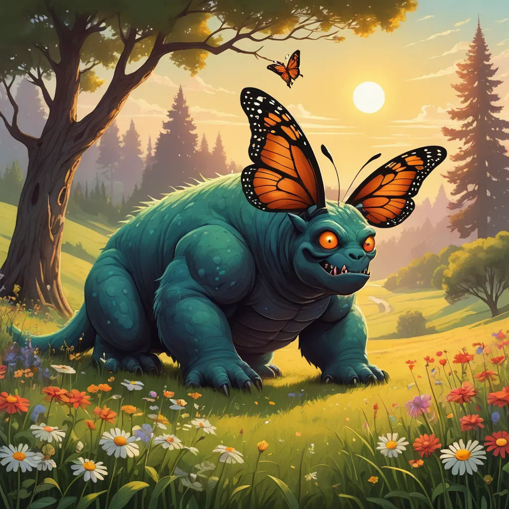 a cartoon picture of a blue creature with a butterfly on its head and a butterfly on its nose, sitting in a field of flowers, fantasy art, a storybook illustration, Chris LaBrooy, magic the gathering artwork