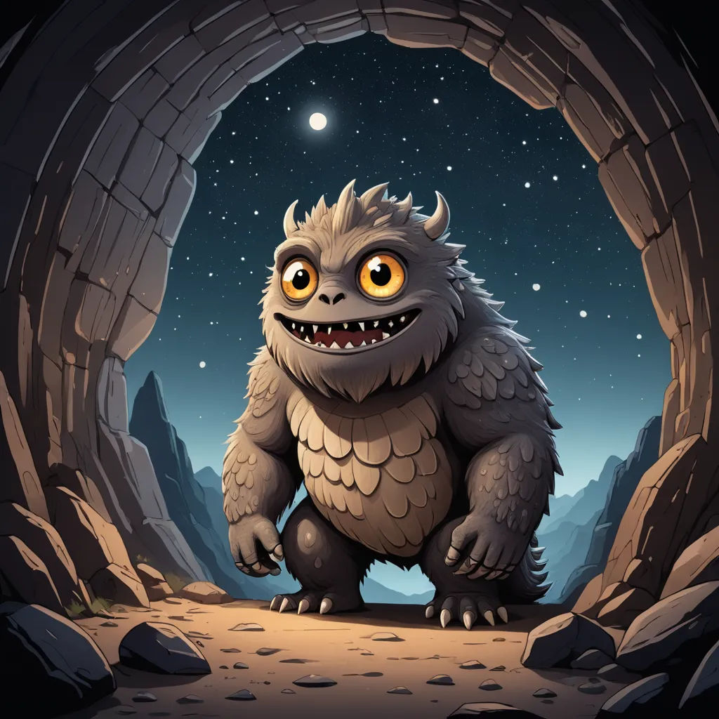 a cartoon monster with big eyes standing in a cave with a moon in the sky above it and a rock wall, fantasy art, a storybook illustration, Diego Gisbert Llorens, 2 d game art