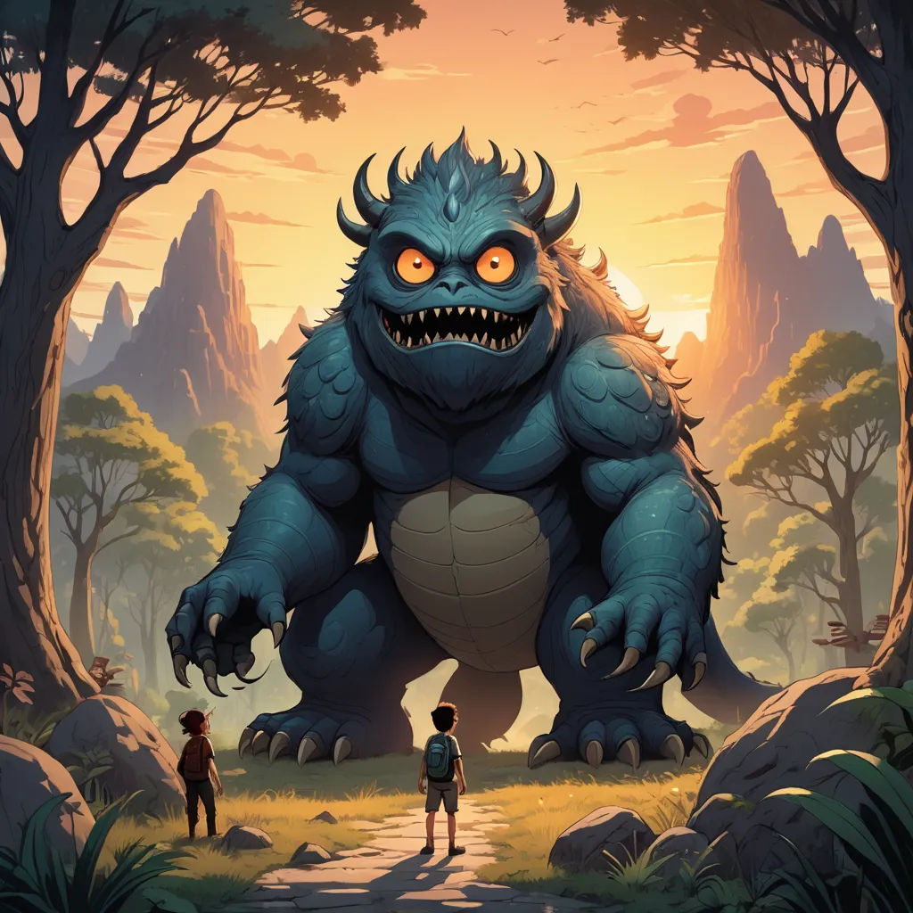 a cartoon of a monster with a man standing next to it in a forest with trees and rocks, and a person standing in the foreground, fantasy art, a storybook illustration, Chris LaBrooy, rossdraws global illumination