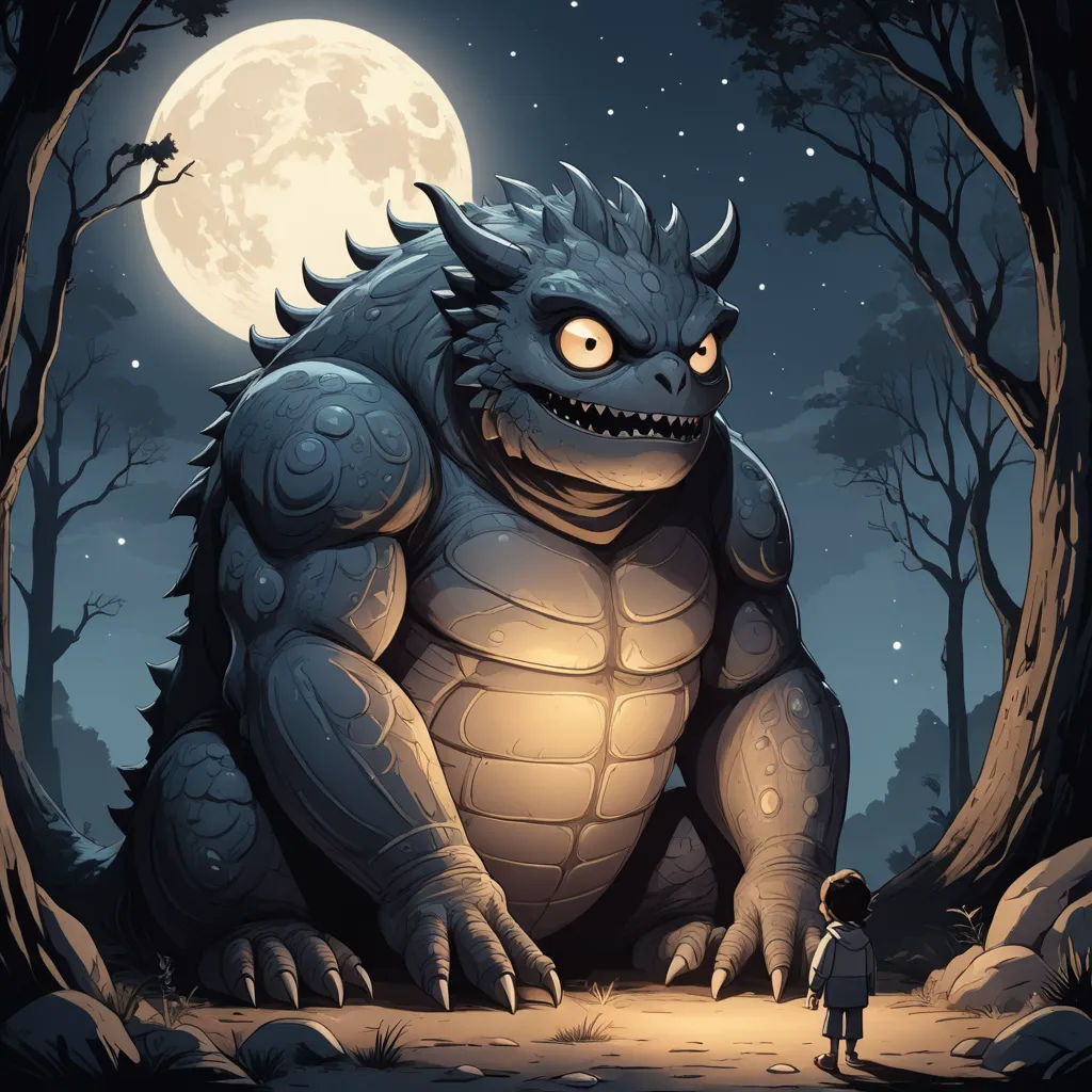 a cartoon monster with a little boy standing in front of it in the woods at night with a full moon, fantasy art, a storybook illustration, Diego Gisbert Llorens, storybook illustration