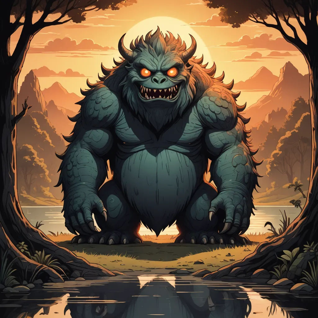 a cartoon monster with a big grin on his face and a body of water in front of a sunset, fantasy art, a storybook illustration, Dan Mumford, rossdraws global illumination