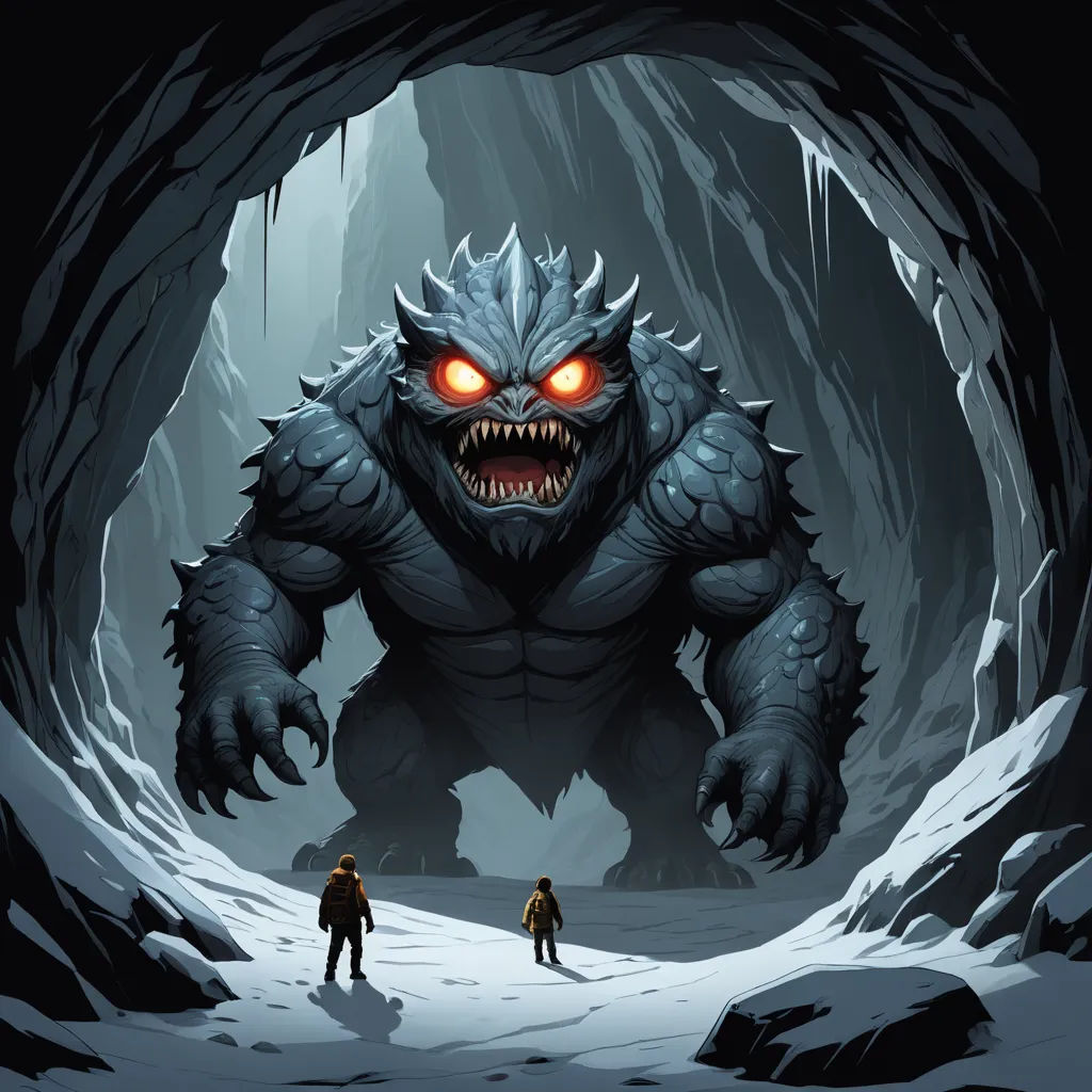a man and a woman standing in a cave with a monster face on it's face and glowing eyes, fantasy art, concept art, Dan Mumford, josan gonzales and dan mumford