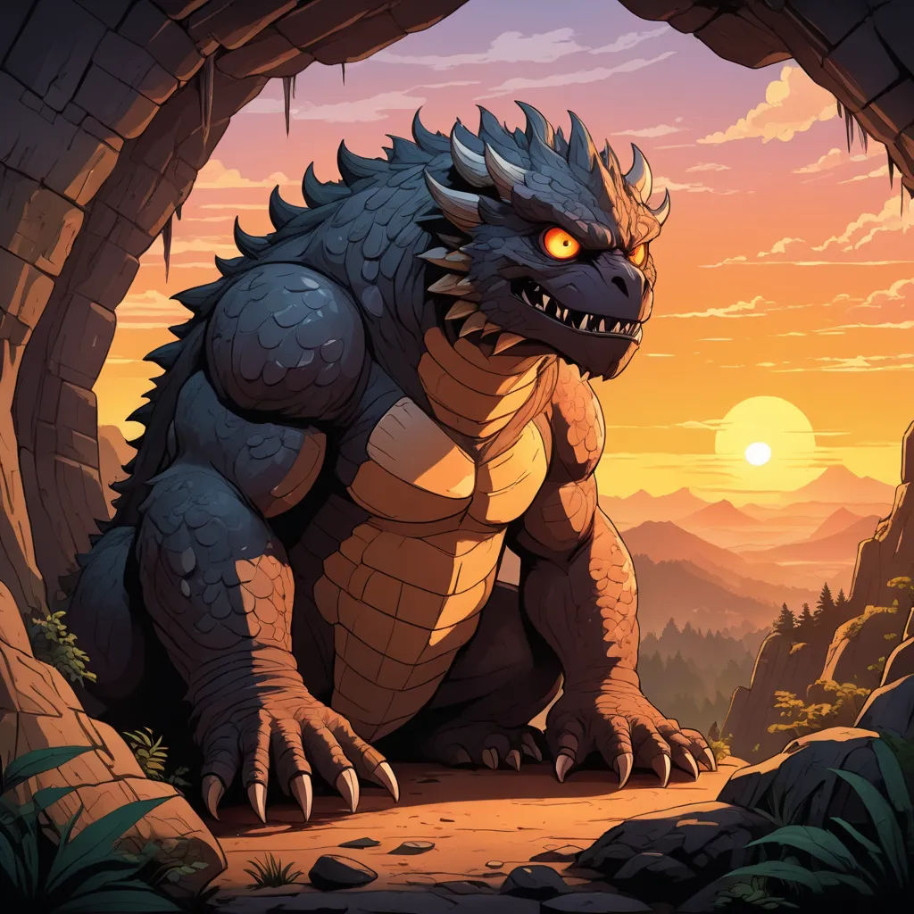 a cartoon of a monster with glowing eyes sitting in a cave at sunset or sunrise or dawn with mountains and trees, sots art, a storybook illustration, Dan Mumford, rossdraws global illumination
