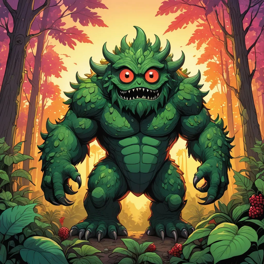 a cartoon monster with big eyes standing in the forest with leaves and berries around him, with a glowing red eye, sots art, concept art, Chris LaBrooy, josan gonzales and dan mumford