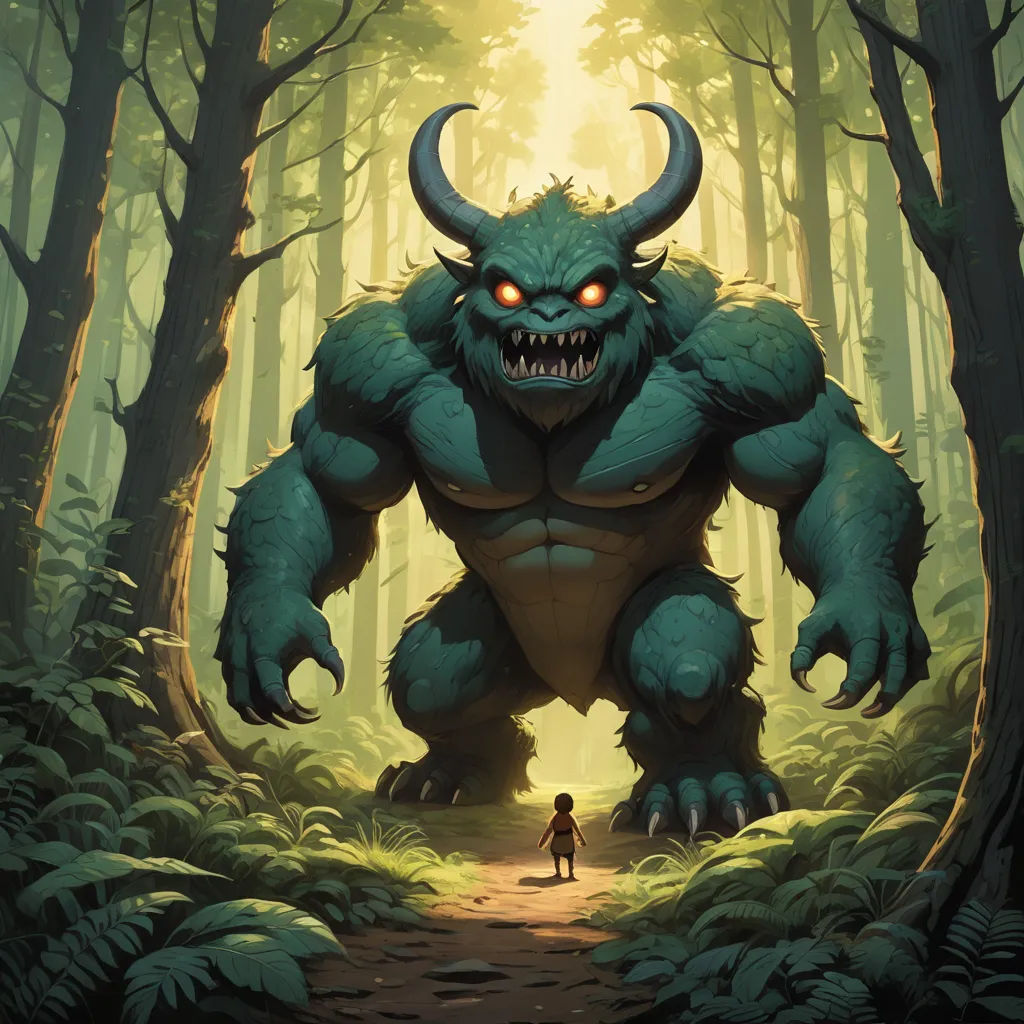 a painting of a monster with a person standing in the middle of a forest with trees and bushes on either side of it, fantasy art, a storybook illustration, Andreas Rocha, rossdraws global illumination