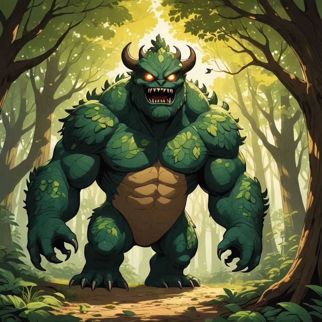 a cartoon monster with big eyes and a big grin on his face standing in the middle of a forest, altermodern, concept art, Chris LaBrooy, magic the gathering artwork