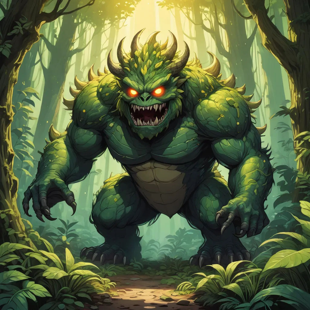 a monster with glowing eyes and a big grin on its face in the middle of a forest with trees, altermodern, concept art, Brom, magic the gathering artwork