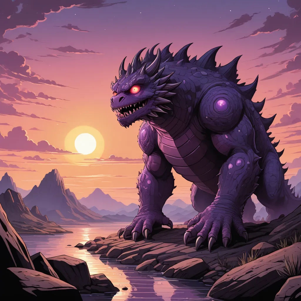 a cartoon monster with glowing eyes standing on a rock by a river at sunset or dawn with a mountain in the background, fantasy art, poster art, Dan Mumford, purple