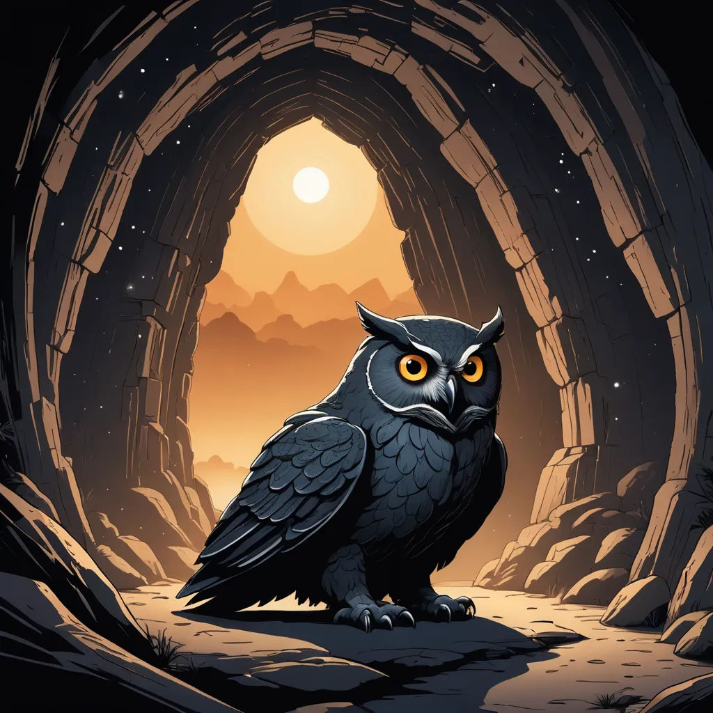 an owl sitting in a cave with a bright light in the background and a mountain landscape in the foreground, fantasy art, vector art, Dan Mumford, dark background