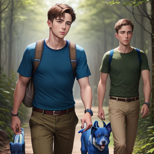 two young men walking down a path with a dog on a leash in front of them, both of them wearing green and blue shirts