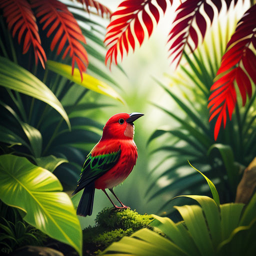a red bird sitting on a branch in a tropical forest with green leaves and red and green foliage behind it