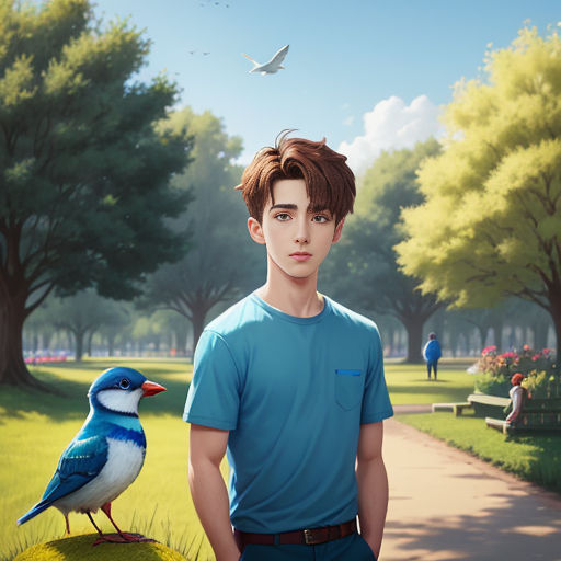 a painting of a boy standing next to a bird on a rock in a park with a bird on his shoulder